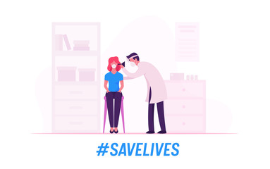 Woman Visiting Otolaryngologist Practitioner in Hospital. Audiologist Doctor Character in Medical Mask