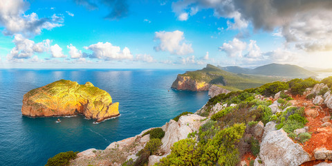 Fototapeta premium Stunning morning view on Foradada islet and Cacccia cape.