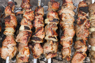 Grilling meat on skewers. Cooking meat barbecue on charcoal grill at picnic. Kebab grilling.