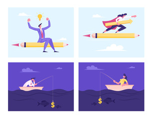 Set of Business People Flying on Huge Pencil, Fishing in Ocean with Dollar Bait. Woman in Super Hero Cloak and Man with Light Bulb Riding Pen. Characters Catch Fish. Cartoon People Vector Illustration