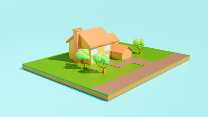 3d rendering of low poly house with a tree on blue pastel background