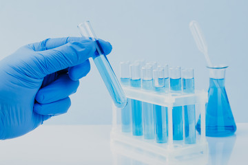 scientific laboratory equipment. hands of a scientific researcher in blue gloves