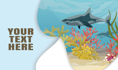 Landing page template with multi-level shadows and the image of two sharks and underwater world of the tropical sea. Vector web page