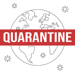 image of the planet earth with the red label quarantine. Coronavirus pandemic, worldwide quarantine.Poster, vector illustration, thin line.
