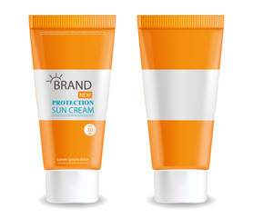Sun cream bottle realistic isolated, white background, packaging mockup, protection sun cream, summer cosmetics vector illustration