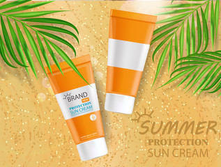 Sun cream bottle realistic isolated, sea background,tropical banner, packaging mockup, protection sun cream, summer cosmetics vector illustration
