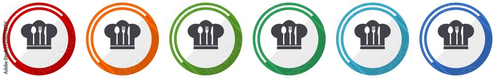 Aufkleber chef hat icon set, cook and kitchen flat design vector illustration in 6 colors options for webdesig