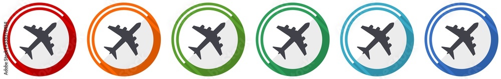 Poster flight icon set, plane, aircraf flat design vector illustration in 6 colors options for webdesign an