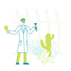 Botanist Scientist Character in Greenhouse with Shovel and Test Tube Learning Exotic and Rare Plants Species. Agriculture, Farming Industry, Botany Science Investigations. Linear Vector Illustration