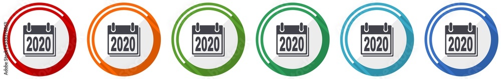 Poster New year 2020 icon set, flat design vector illustration in 6 colors options for webdesign and mobile applications