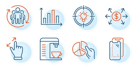 Teamwork, Dollar exchange and Idea signs. Coffee machine, Touchscreen gesture and Smartphone glass line icons set. Diagram graph, Pie chart symbols. Cappuccino machine, Zoom in. Vector