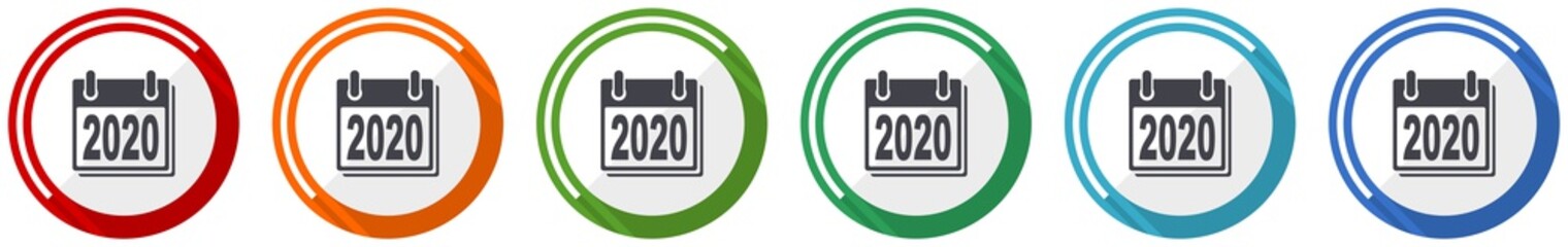 New year 2020 icon set, flat design vector illustration in 6 colors options for webdesign and mobile applications