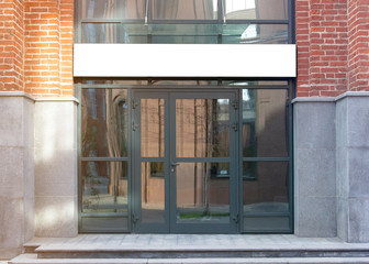 Blank white rectangular box store entrance mockup, glass brick wall