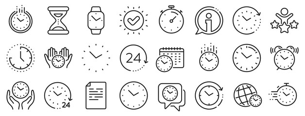 Timer, Alarm and Smartwatch. Time and clock line icons. Time management, 24 hour clock, deadline alarm icons. Sand hourglass, calendar and digital smartwatch, timer stopwatch. Vector