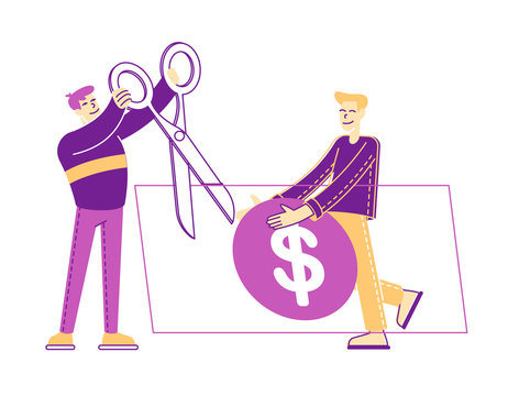 Male Characters Cutting with Scissors Huge Dollar Bill. Medical Price, Medicine Services and Health Care Cost and Expenses Concept. Expensive Price for Medical Stuff. Linear People Vector Illustration