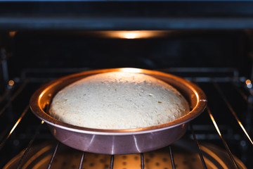plant-based food, vegan banana bread with flax seeds cinnamon and maple syrup baking in the oven