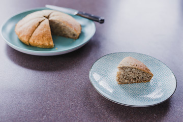 plant-based food,  vegan banana bread with flax seeds cinnamon and maple syrup