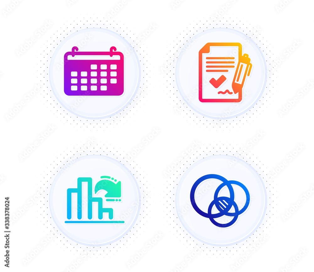 Poster approved agreement, decreasing graph and calendar icons simple set. button with halftone dots. euler