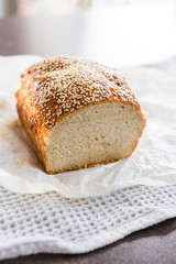 food ingredients, homemade bread with sesame seeds topping