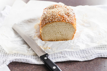 food ingredients, homemade bread with sesame seeds topping