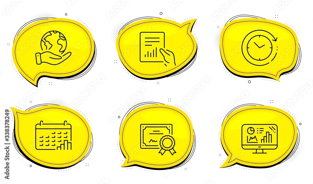 Poster time change sign. diploma certificate, save planet chat bubbles. calendar graph, document and analyt