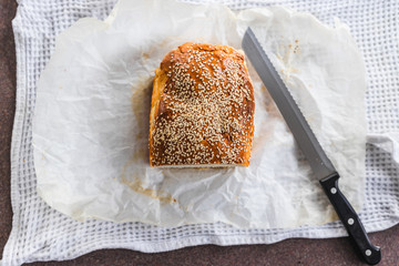 food ingredients, homemade bread with sesame seeds topping