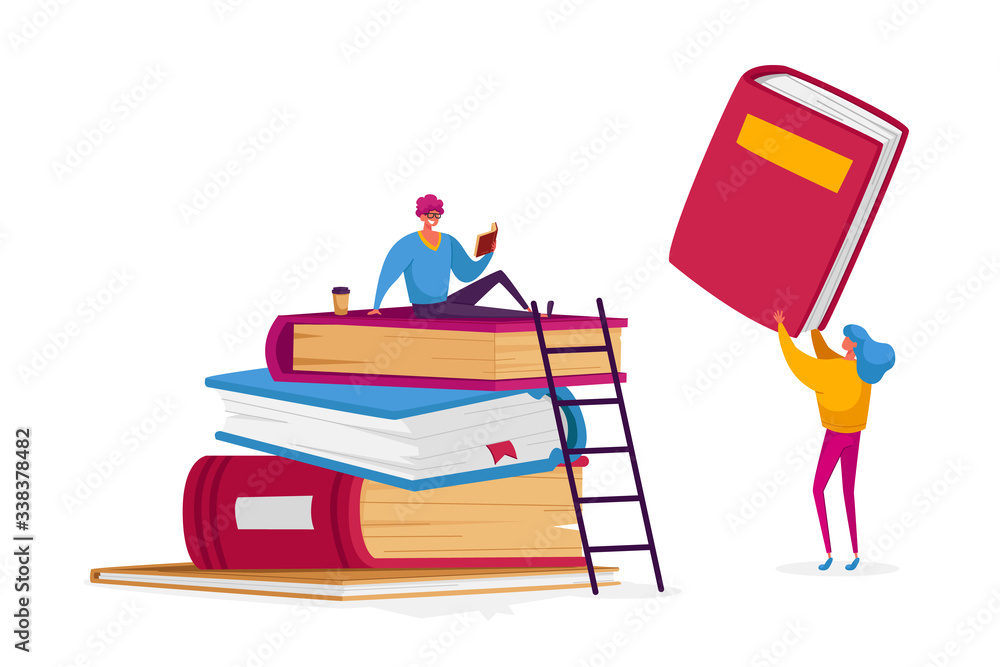 Poster tiny student characters at huge books pile learning homework or prepare to exams in university or co