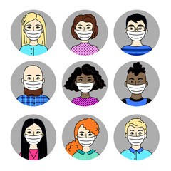 People Wearing Face Masks, Men And Women, Different Nationalities. Set of Vector Pictograms, Collection Of Simple Flat Signs. Respirators To Prevent Air Pollution, Disease, Flu. Sars-Covid-19 Pandemic