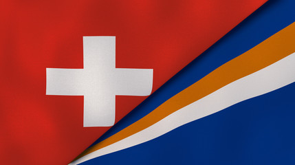 The flags of Switzerland and Marshall Islands. News, reportage, business background. 3d illustration