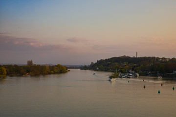 View on the river Meuse and st Pietersberg (english st Pieters mountain) in Maastricht during sunset. The river is often used for water recreation