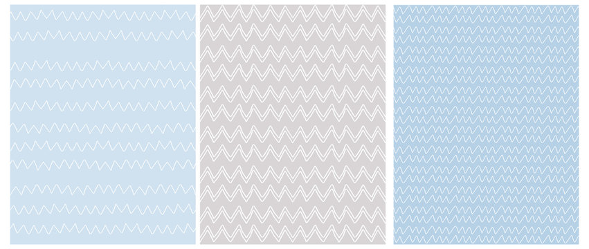 Chevron Seamless Vector Patterns. 3 Various Chevron Print. White Zig Zags Isolated on a Light Blue and Gray Background. Simple Pastel Color Geometric Repeatable Design idel for Fabric. 