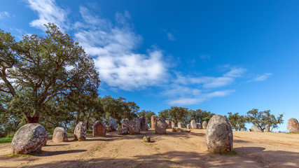Panoramic view of the megalithic complex Almendres Cromlech (Cromelelique dos Almendres) Evora,...