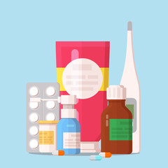 Vector flat illustration of medicine pharmacy. Medical bottles, pills, drugs, syrup, gel and medical thermometer. Isolated background.