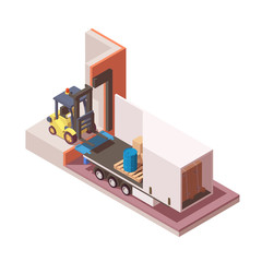 Vector isometric semi truck and forklift. Warehouse truck loading icon or infographics element. Isolated on white