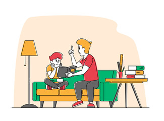 Young Man Tutor or Father and Little Schoolboy Sitting on Couch, Boy Reading Textbooks, Male Character Explain Lesson. Domestic Education at Home, Homeschooling. Linear People Vector Illustration
