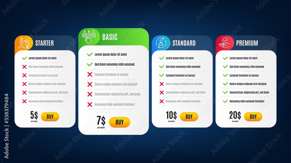 Poster launch project, correct checkbox and approved line icons set. pricing table, subscription plan. pers