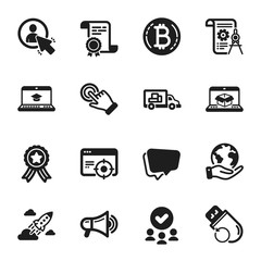 Set of Technology icons, such as Startup rocket, Touchscreen gesture. Certificate, approved group, save planet. Bitcoin, User, Megaphone. Divider document, Flash memory, Speech bubble. Vector