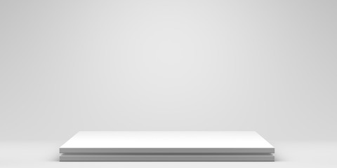 Furniture 3D illustration.
Front view of empty shelf on white table and wall background with modern minimal concept.