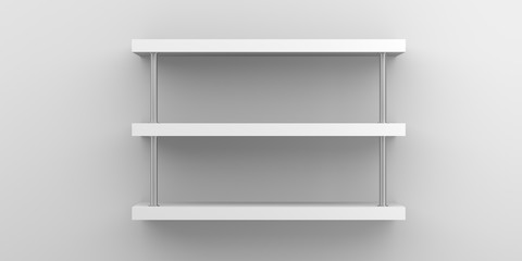 Furniture 3D illustration.
Front view of empty shelf on white table and wall background with modern minimal concept.
