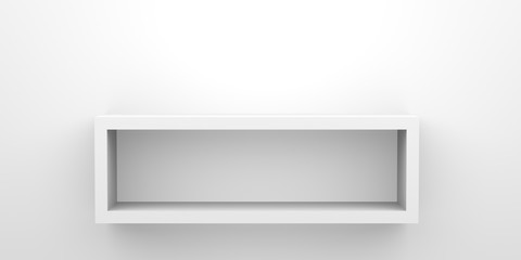 Furniture 3D illustration.
Front view of empty shelf on white table and wall background with modern minimal concept.