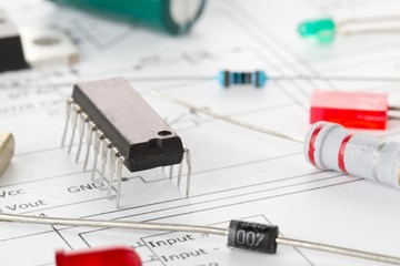 Macro of different electronic parts or components on pcb wiring diagram with resistors, capacitors, diode and ic chips