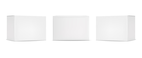 White box packaging set, realistic isolated white background, vector illustration