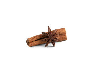 Chinese star anise with cinnamon on white background