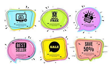 Save 50% off. Big buys, online shopping. Sale Discount offer price sign. Special offer symbol. Quotation bubble. Banner badge, texting quote boxes. Discount text. Coupon offer. Vector