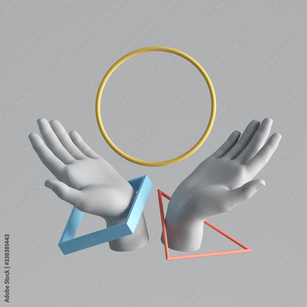 Wall mural 3d render white artificial hands with levitating colorful geometric shapes. round blank frame. moder