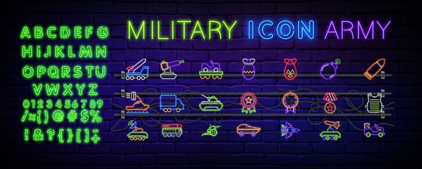 Neon icons are set on military themes, weapons for the game, transport, military rank. Icons for games, cyber sports . Glowing neon icon on a brick wall with text. Vector