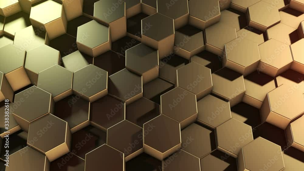 Poster an abstract hexagonal geometric golden surface cyclically moves in virtual space. chaotic vibrations