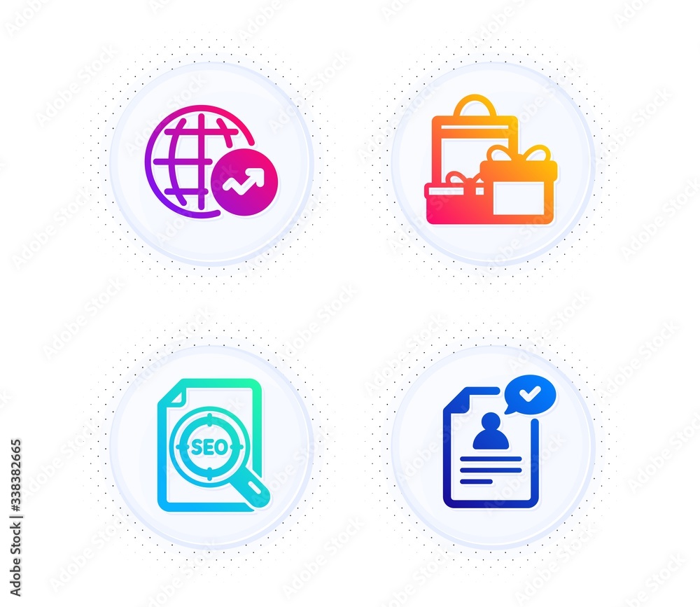 Poster shopping, seo file and world statistics icons simple set. button with halftone dots. resume document