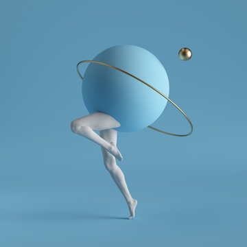 3d Render, Abstract Surreal Contemporary Art. Primitive Geometric Shapes: Golden Ring, Ball, White Dancing Legs Isolated On Blue Background. Modern Fashion Design, Visual Illusion, Funny Freak Show