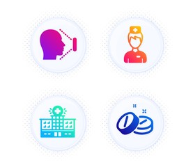 Hospital building, Doctor and Face id icons simple set. Button with halftone dots. Medical tablet sign. Medical help, Medicine person, Identification system. Medicine pill. Healthcare set. Vector